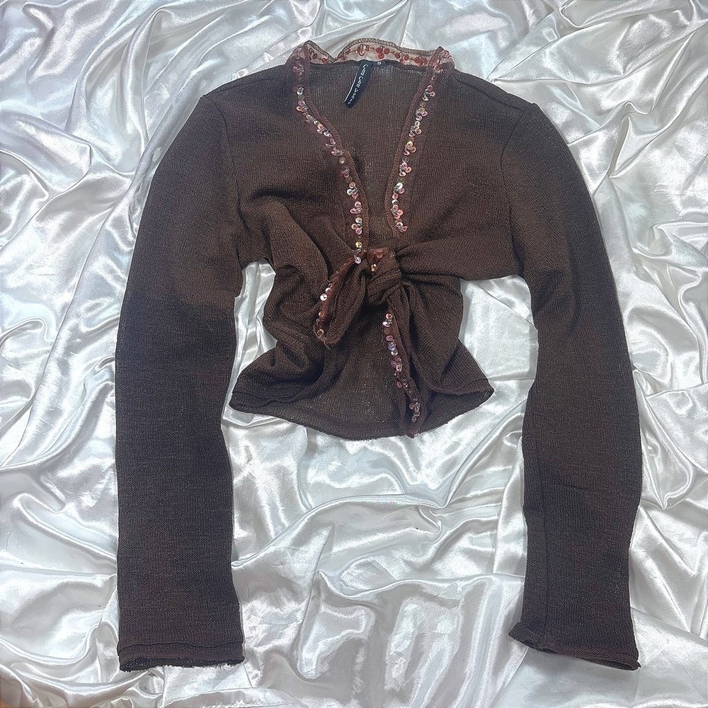 y2k Cardigan Brown Excellent Sequin Trim Tie Front Long Sleeve Cha Cha Vente